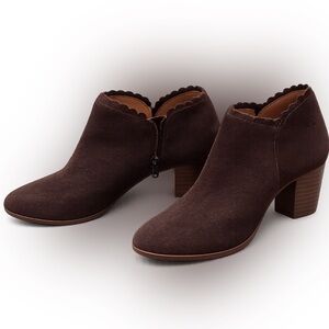Jack Rogers Brown Suede Ankle Booties 7.5M Scalloped Block Heel Side Zip